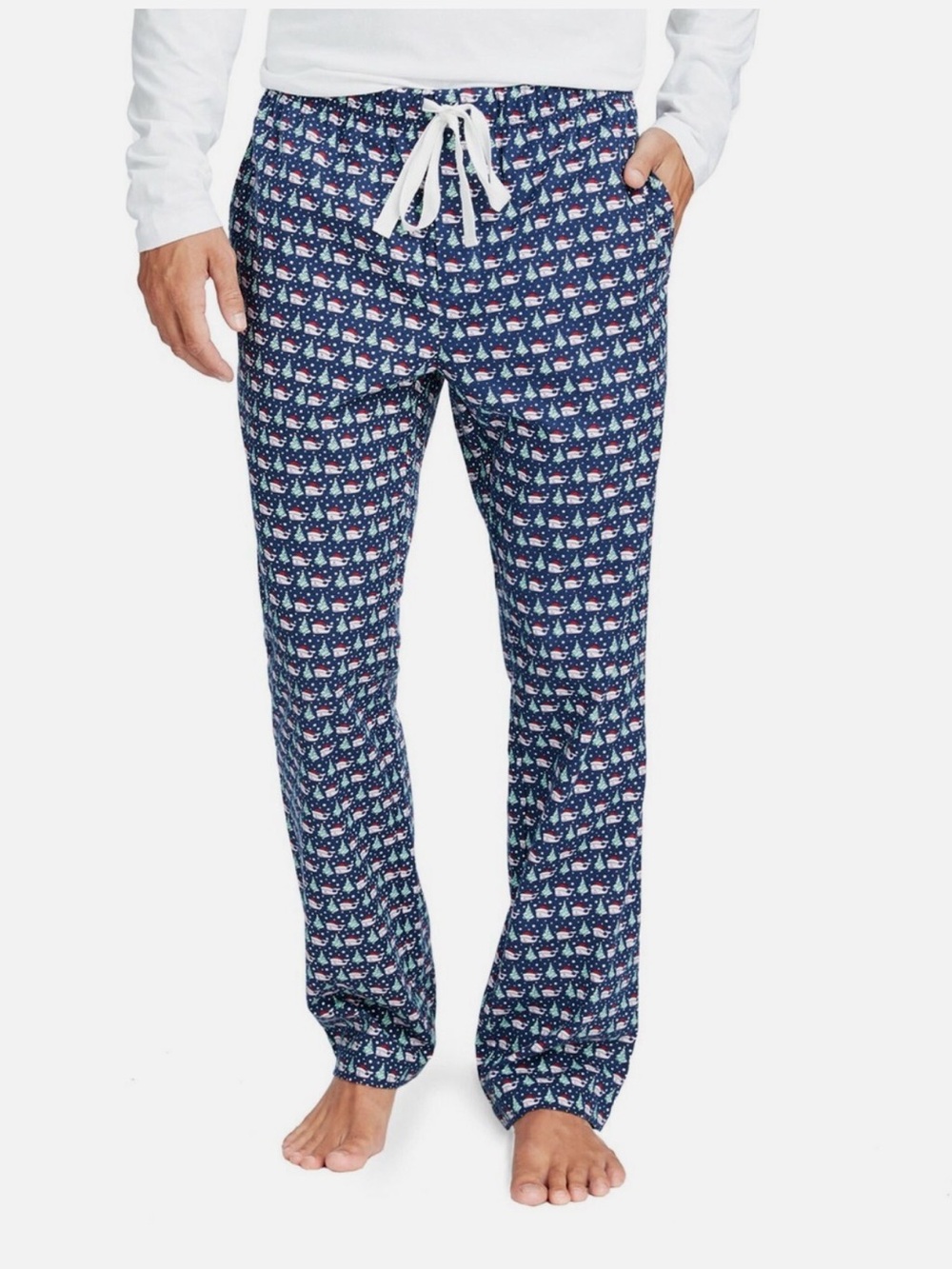 Vineyard Vines Navy Holiday Tree & Santa Whale Print Cotton Pajama Pants, L